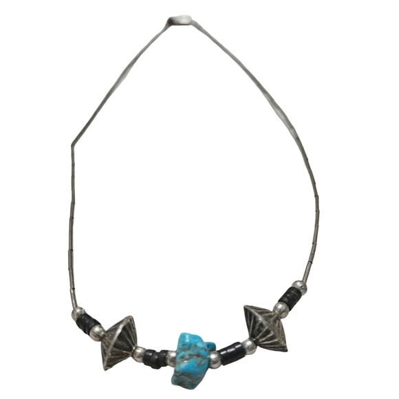 1970s Sterling Silver Liquid Beads Uncut Turquoise Black Stone Necklace - Picture 2 of 4